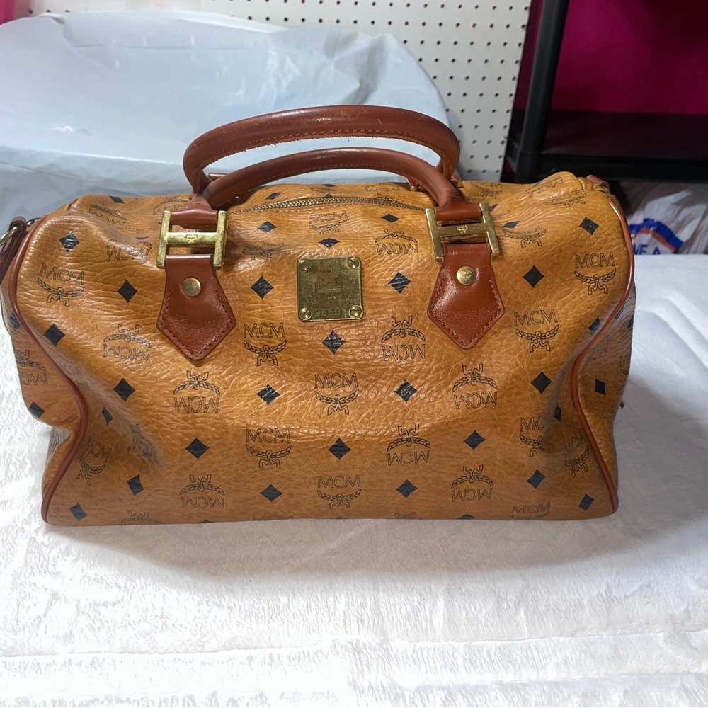 Authentic MCM Visetos Leather Brown Boston Bag MCM Monogram Tan&Brown Duffel Bag